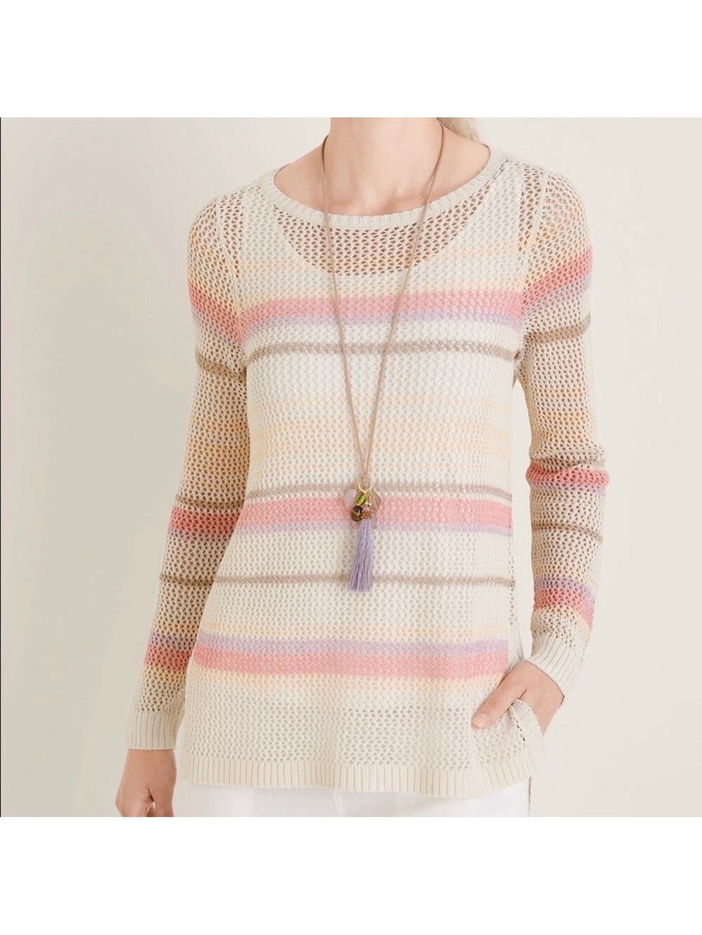 Chicos‎ Open Knit Marlene Pullover Sweater Cream Pink Striped Womens 4 US XXL